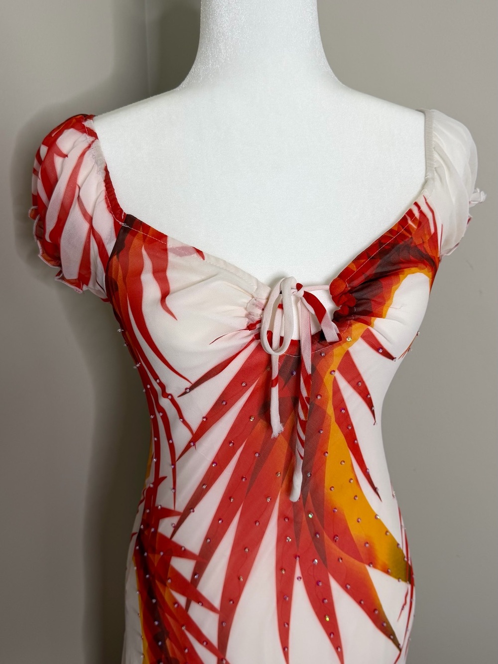 GZ Mei Mei Red & Orange Palm-Print Embellished Tie Front Dress